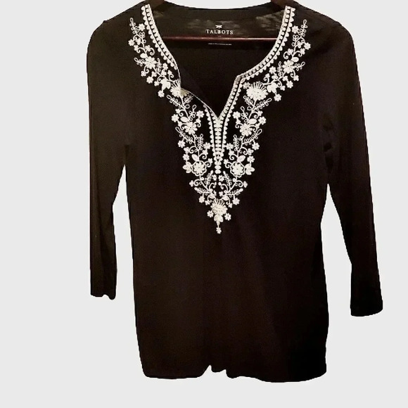 Talbots Navy Longsleeve Blouse w/ Jewled And Embroidered Neckline – Size M - Picture 1 of 4